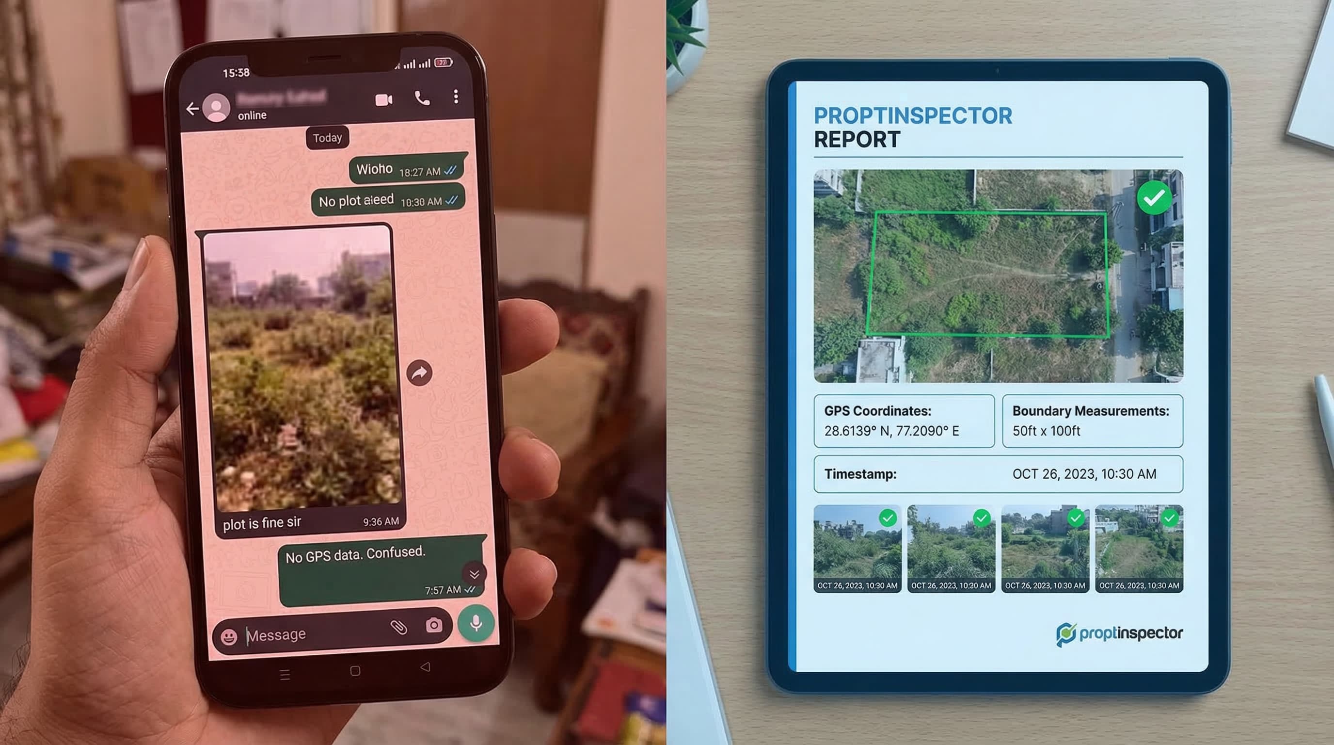 Before: unreliable WhatsApp photos vs After: GPS-verified professional ProptInspector report