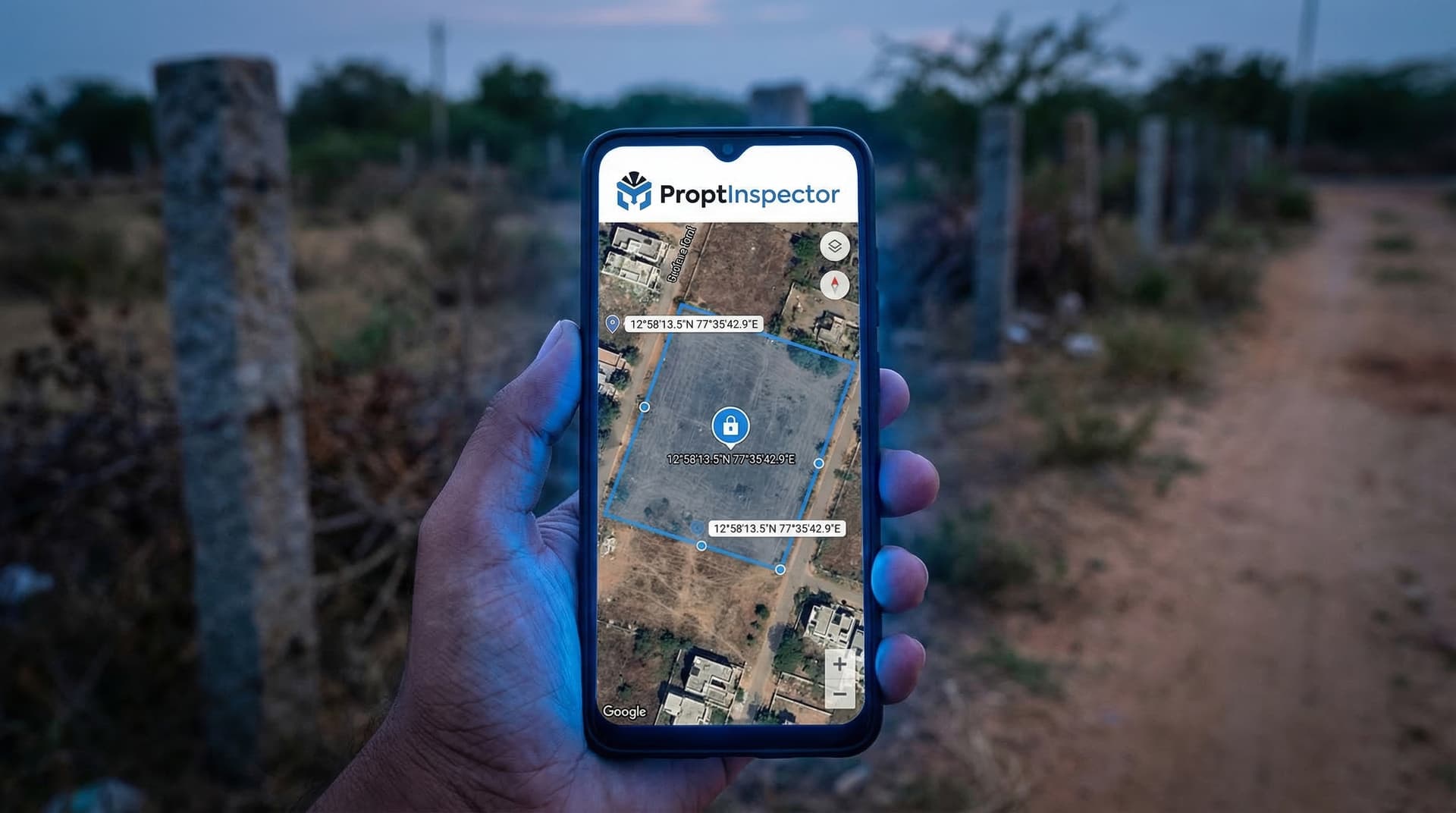 GPS-verified property inspection in progress on a vacant plot